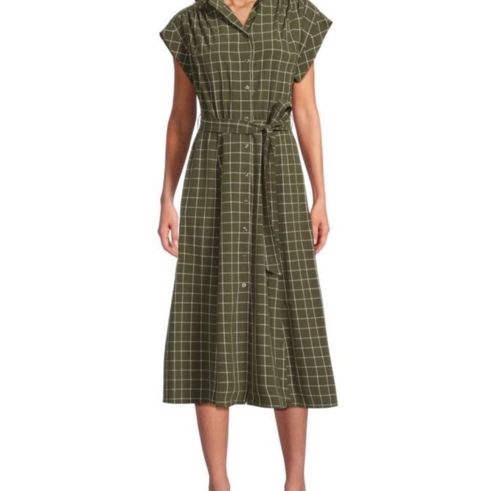 Calvin Klein Olive Checkered Midi Dress